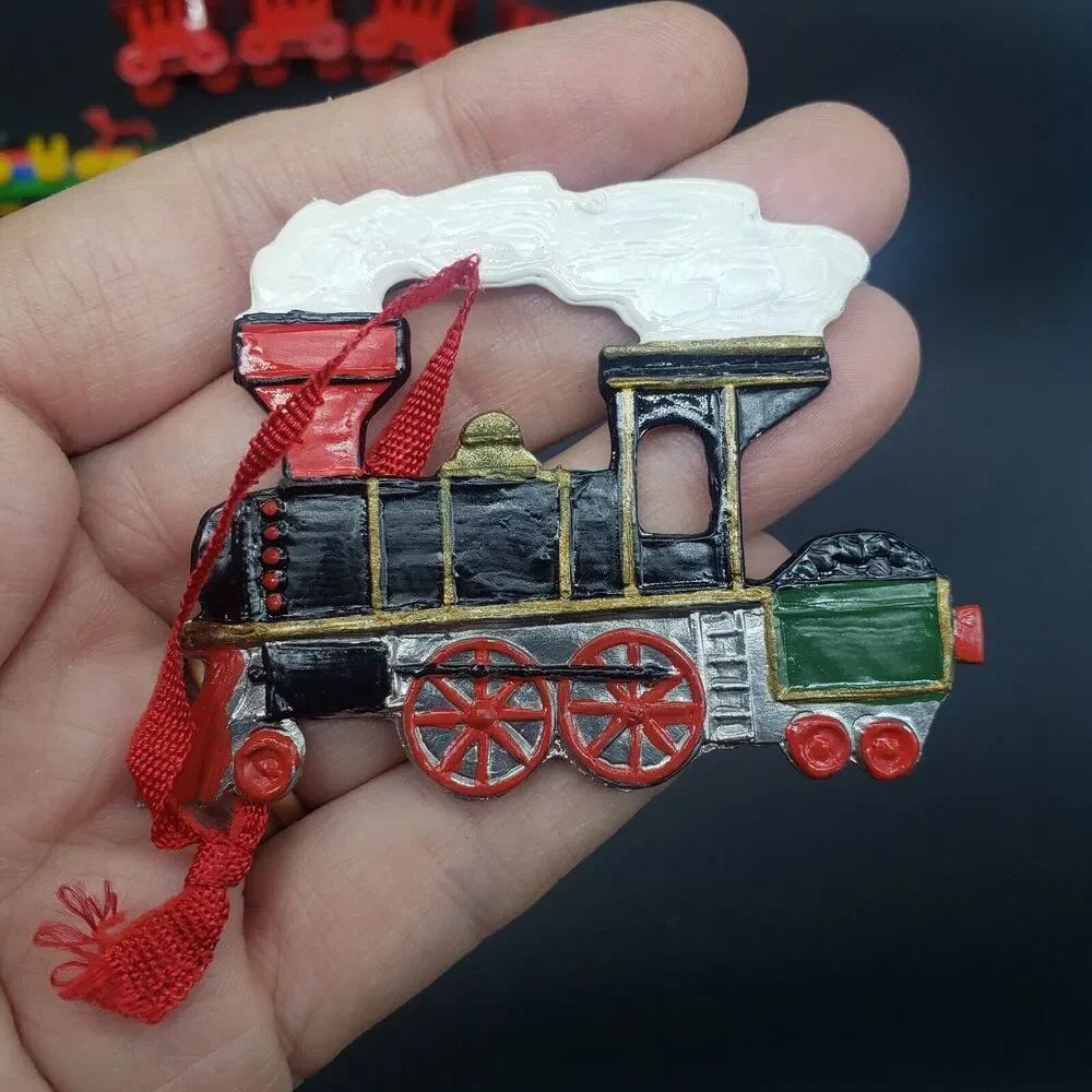 Lot of‎ 6 train Christmas ornaments including Wallace Silversmiths Enamel train